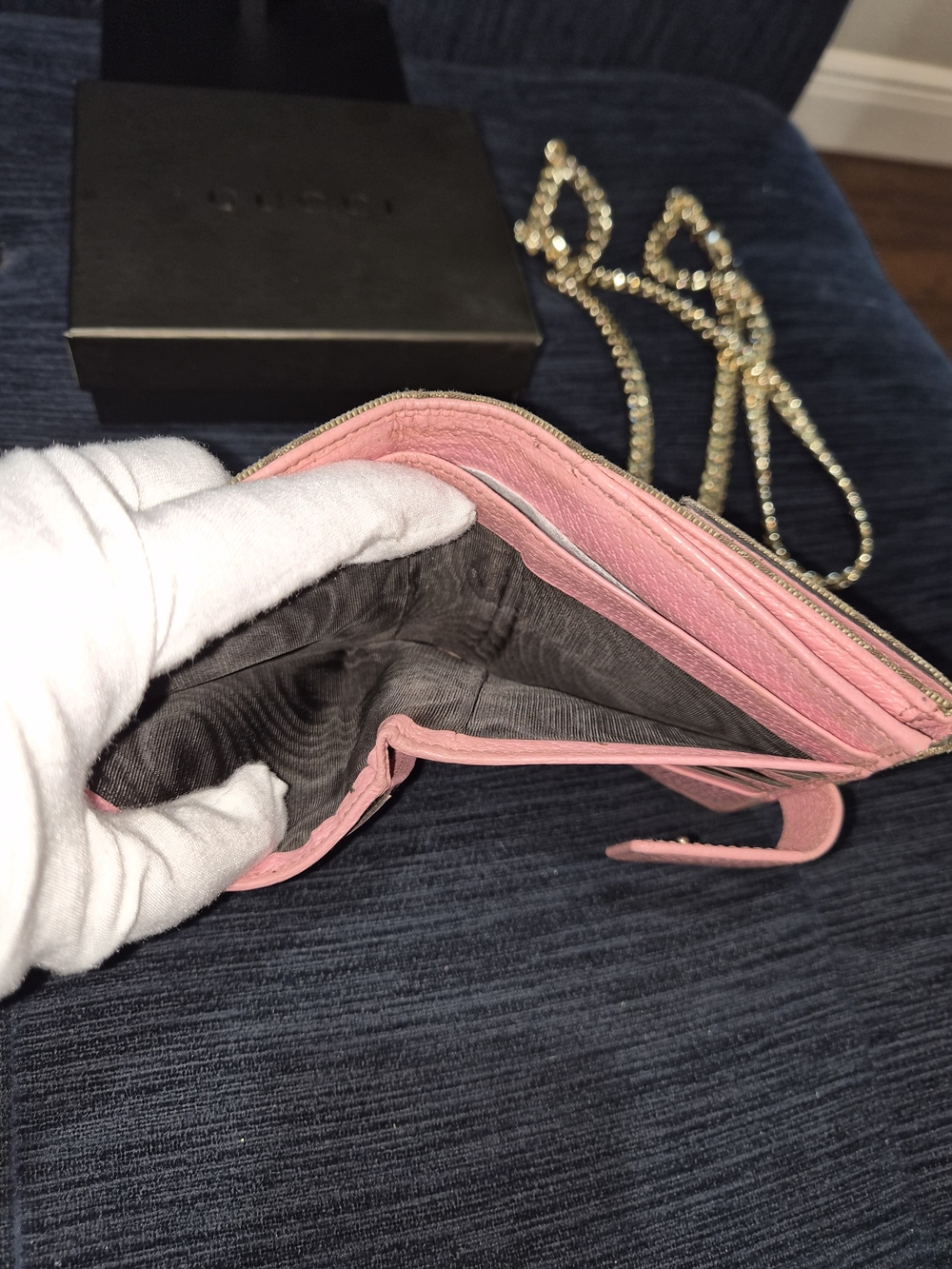 Authentic Gucci GG Canvas Wallet On Chain Pink Leather Crossbody Monogram Box - Picture 13 of 15